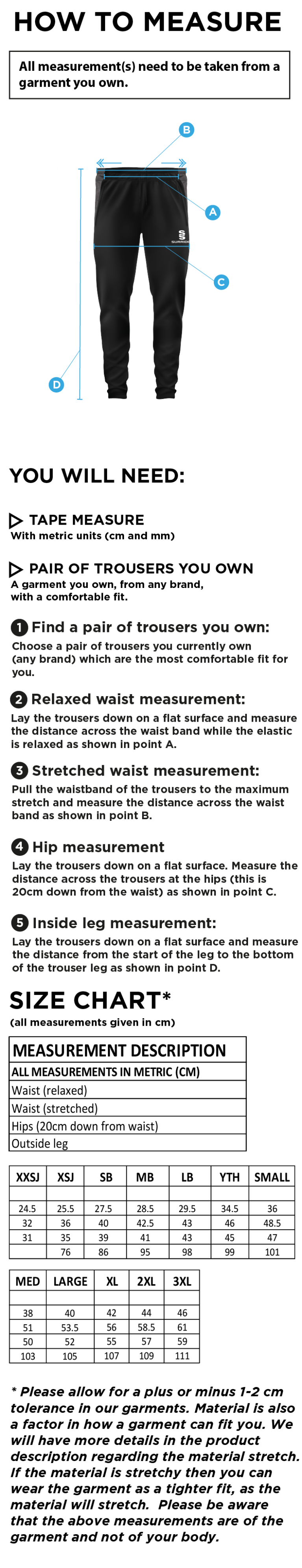Taplow CC - Slim Training Pants - Size Guide