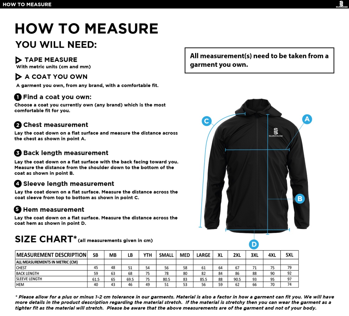 Taplow CC - Lightweight Full Zip Training Jacket - Size Guide