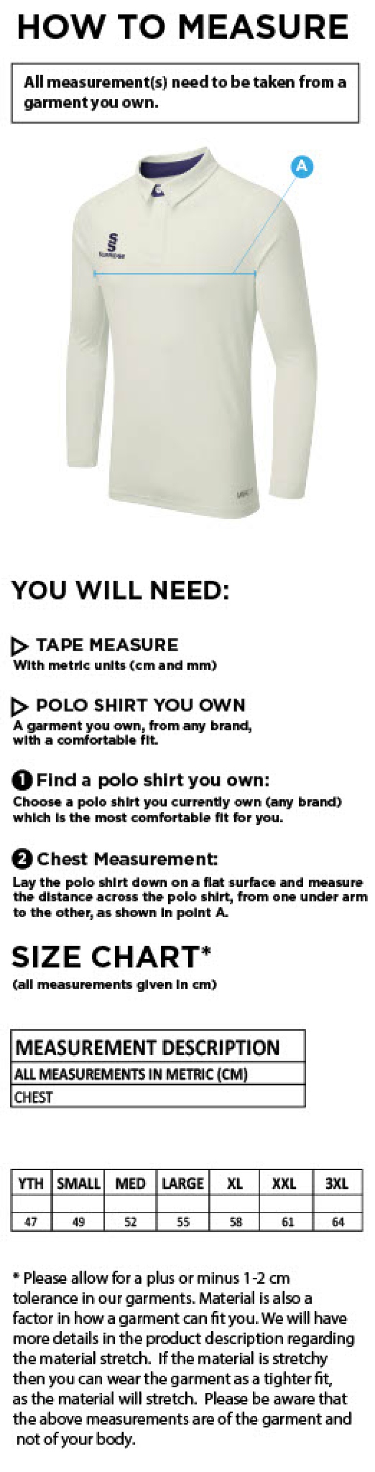 Taplow CC - Ergo Long Sleeve Playing Shirt - Size Guide