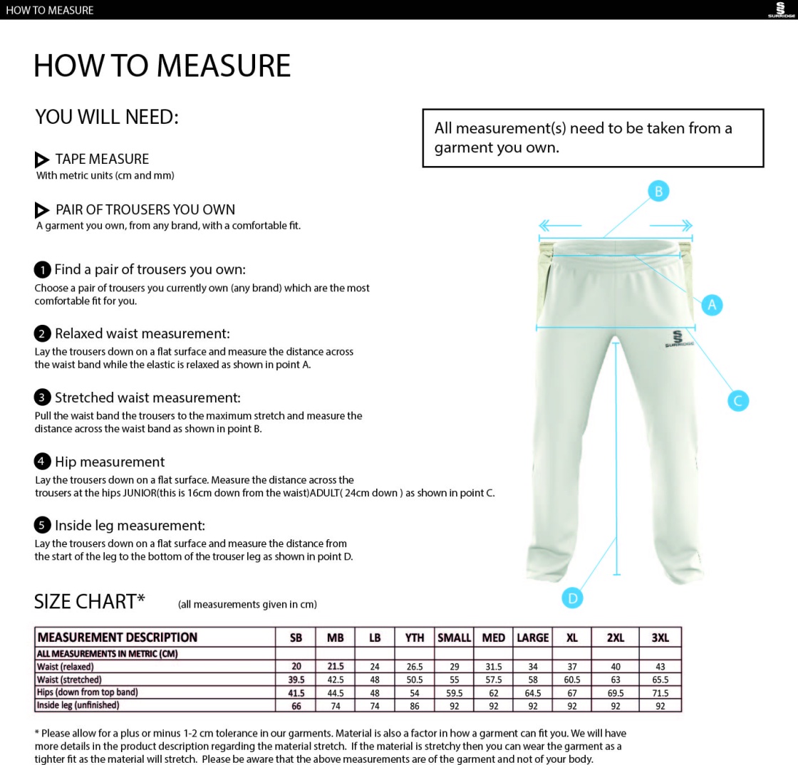 Taplow CC - Standard Playing Pant - Size Guide