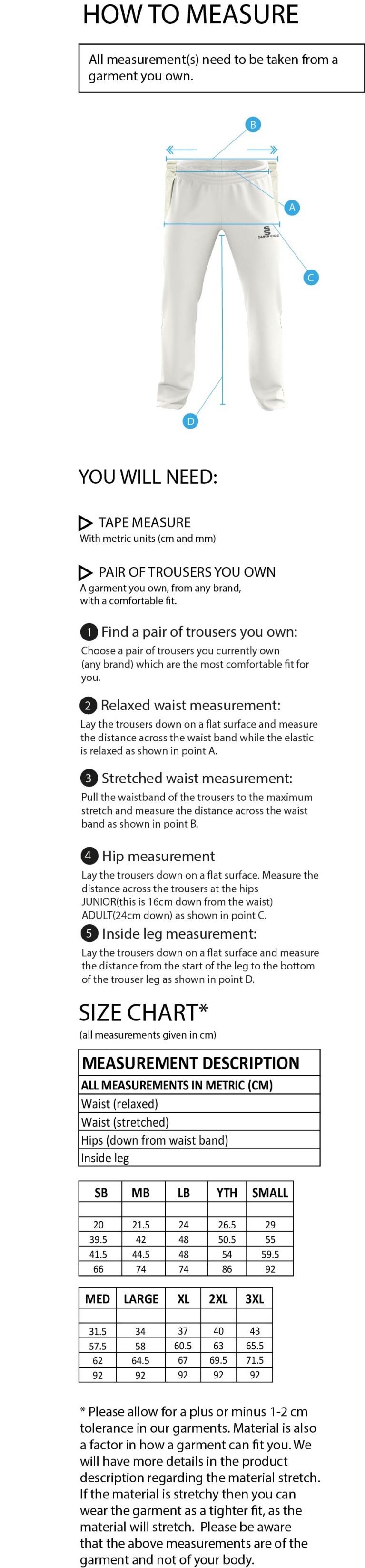 Taplow CC - Standard Playing Pant - Size Guide