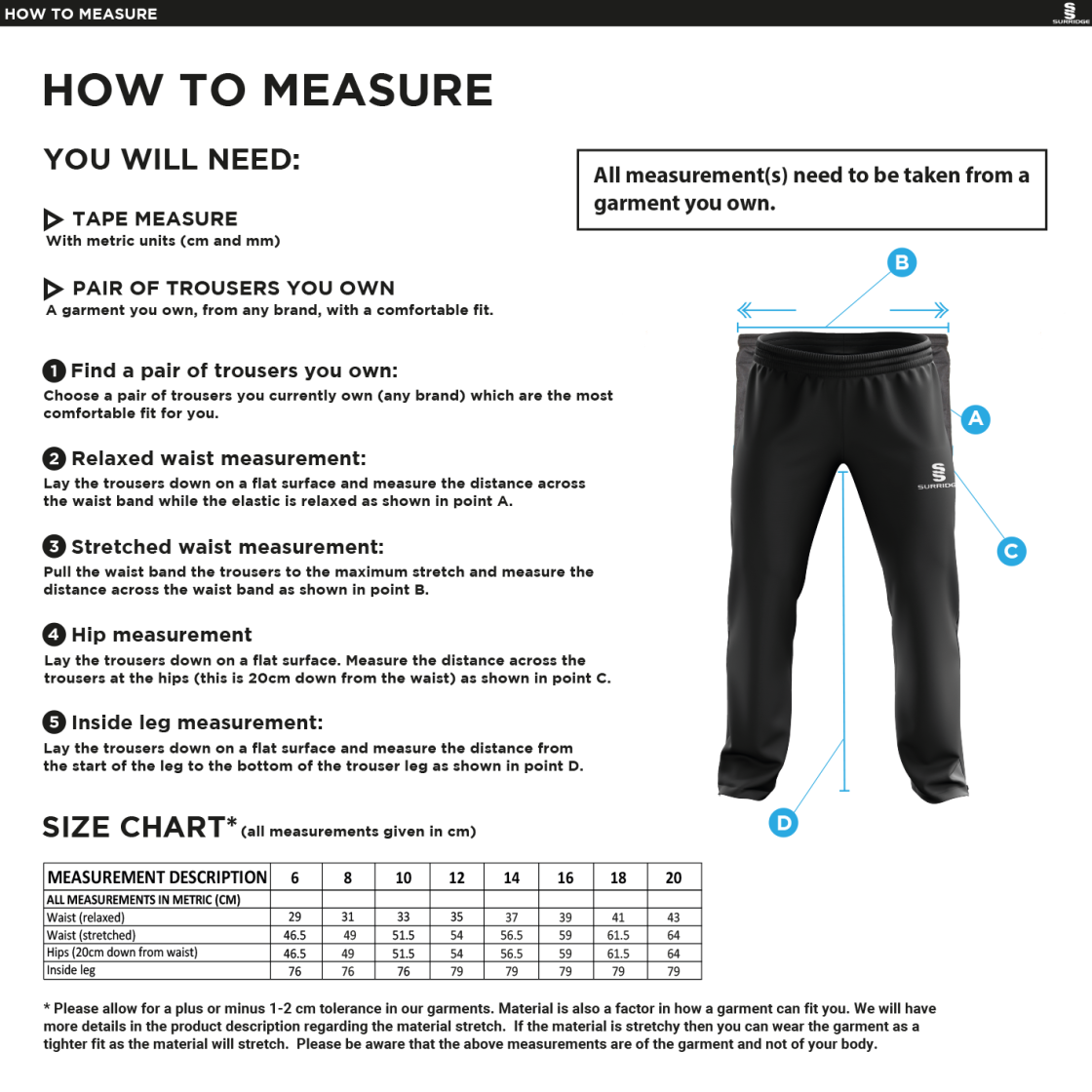 Taplow CC - Women's Poplin Track Pant - Size Guide