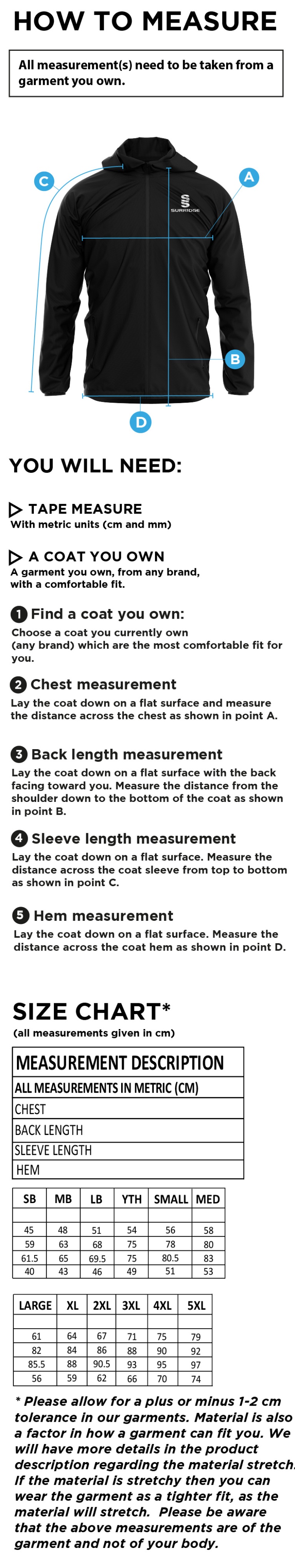 Taplow CC - Lightweight Full Zip Training Jacket - Size Guide