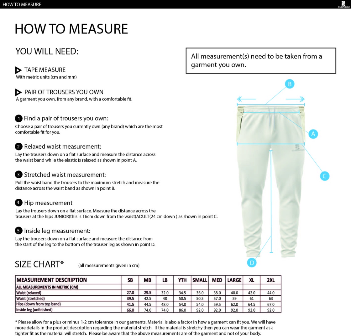 Taplow CC - Coloured Cricket Trousers - Size Guide