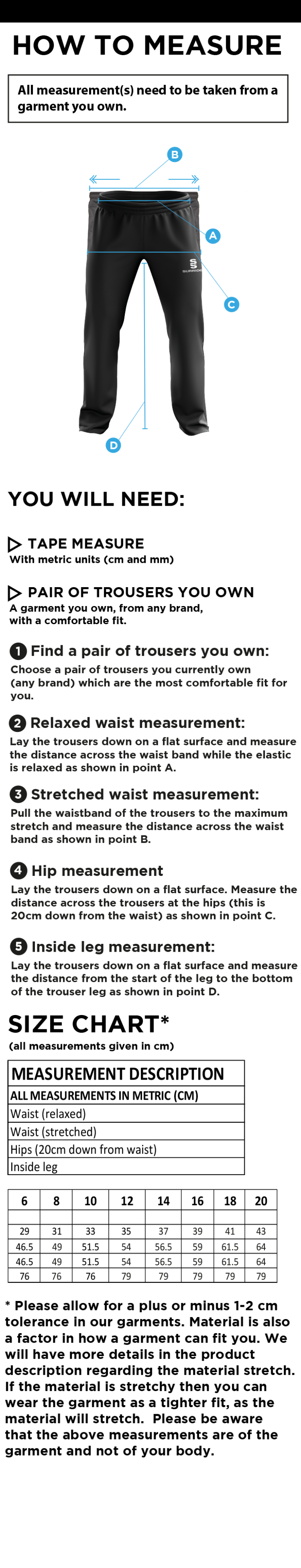 Taplow CC - Women's Poplin Track Pant - Size Guide
