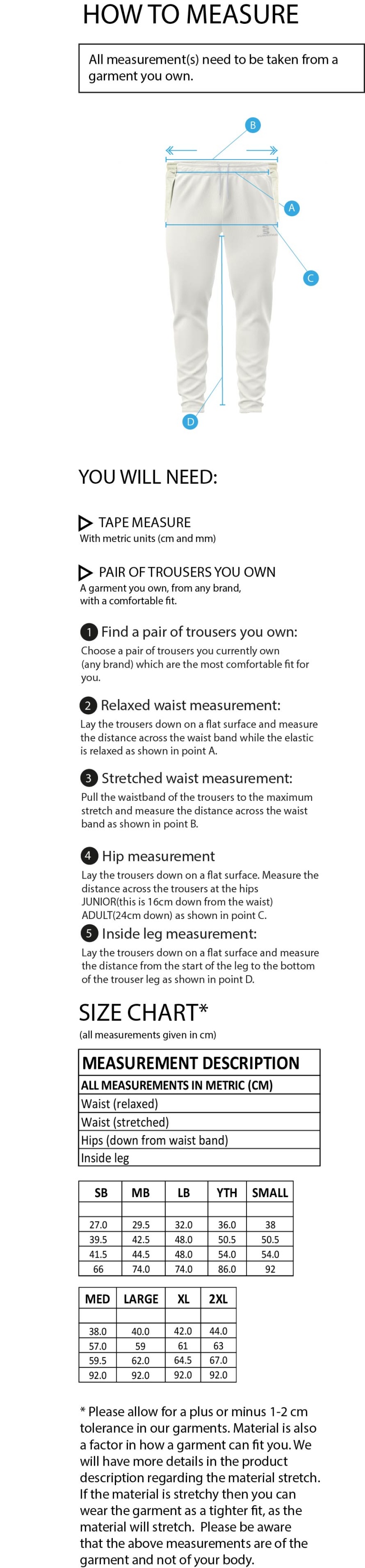Taplow CC - Coloured Cricket Trousers - Size Guide