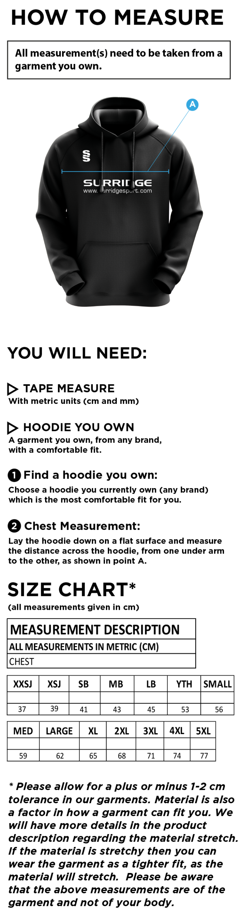 Taplow CC - Fuse Hoody - Size Guide