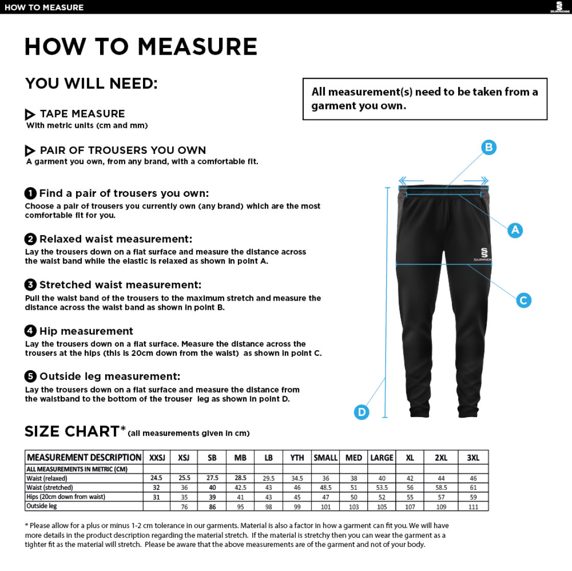 Taplow CC - Slim Training Pants - Size Guide