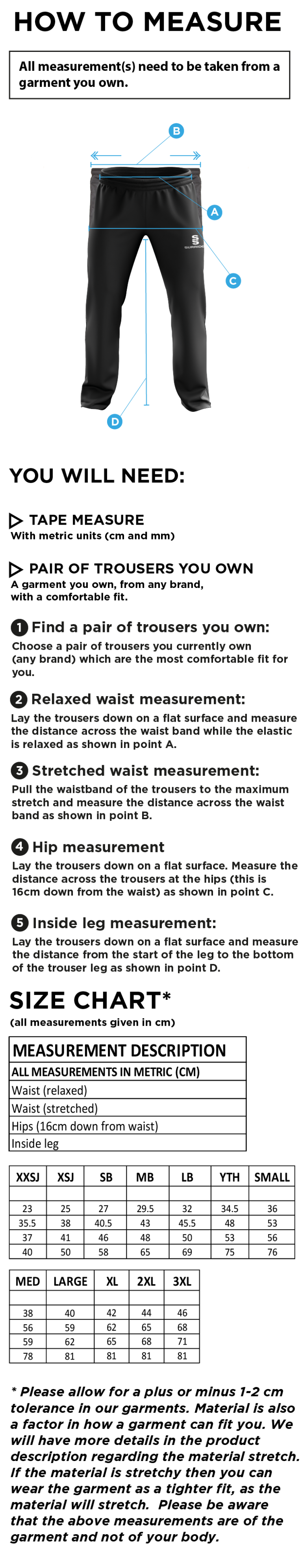 Taplow CC - Poplin Track Pant - Size Guide