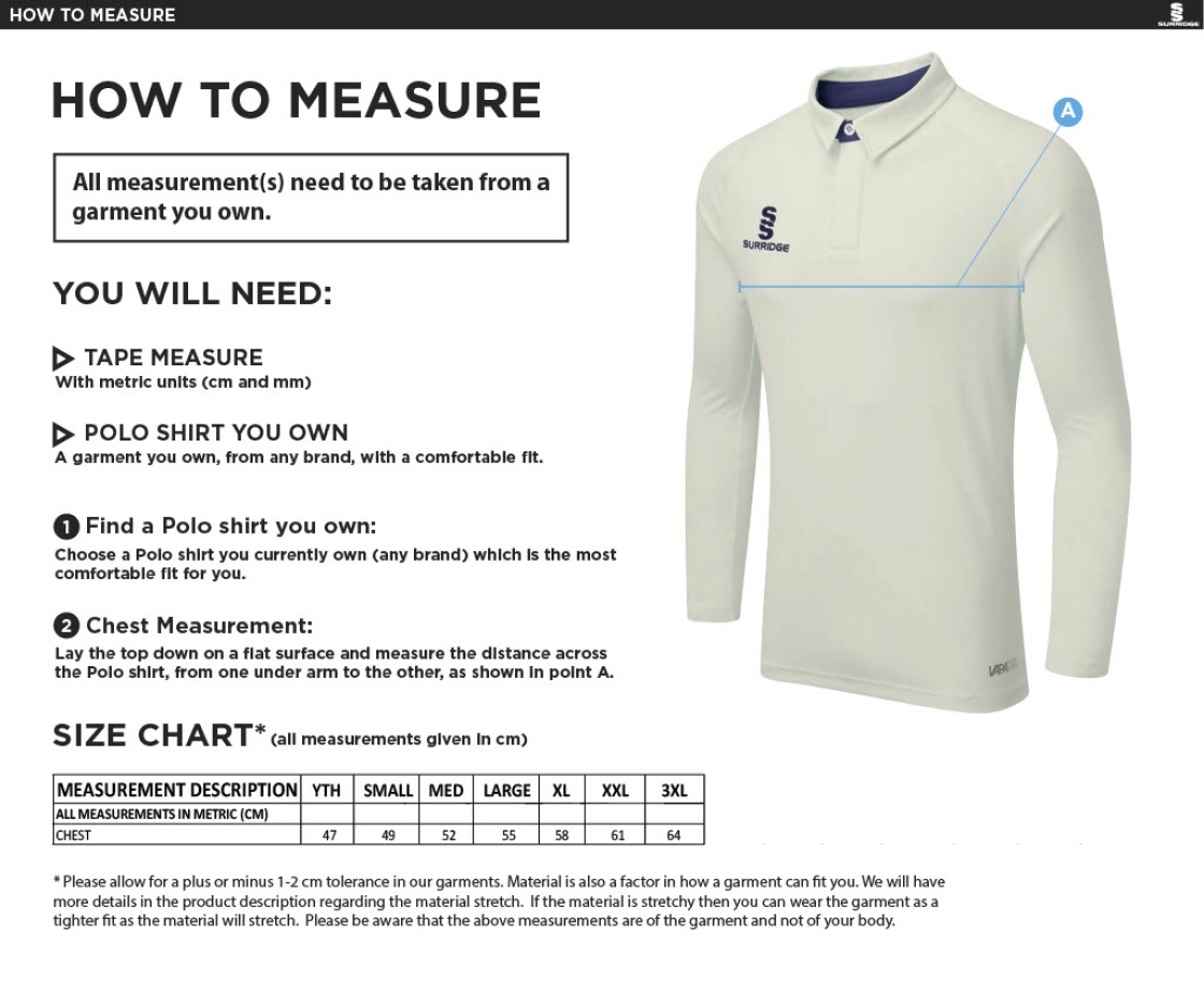 Taplow CC - Ergo Long Sleeve Playing Shirt - Size Guide