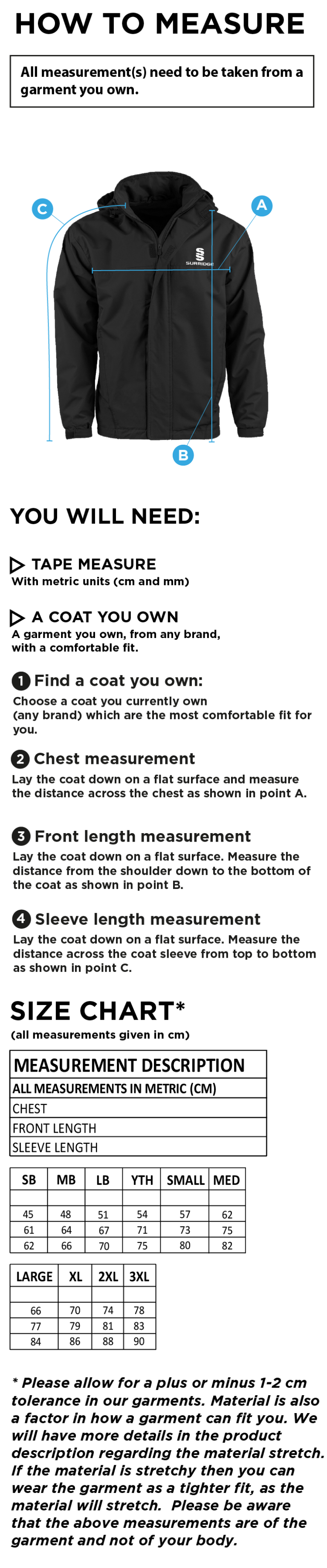 Taplow CC - Fleeced Line Jacket - Size Guide