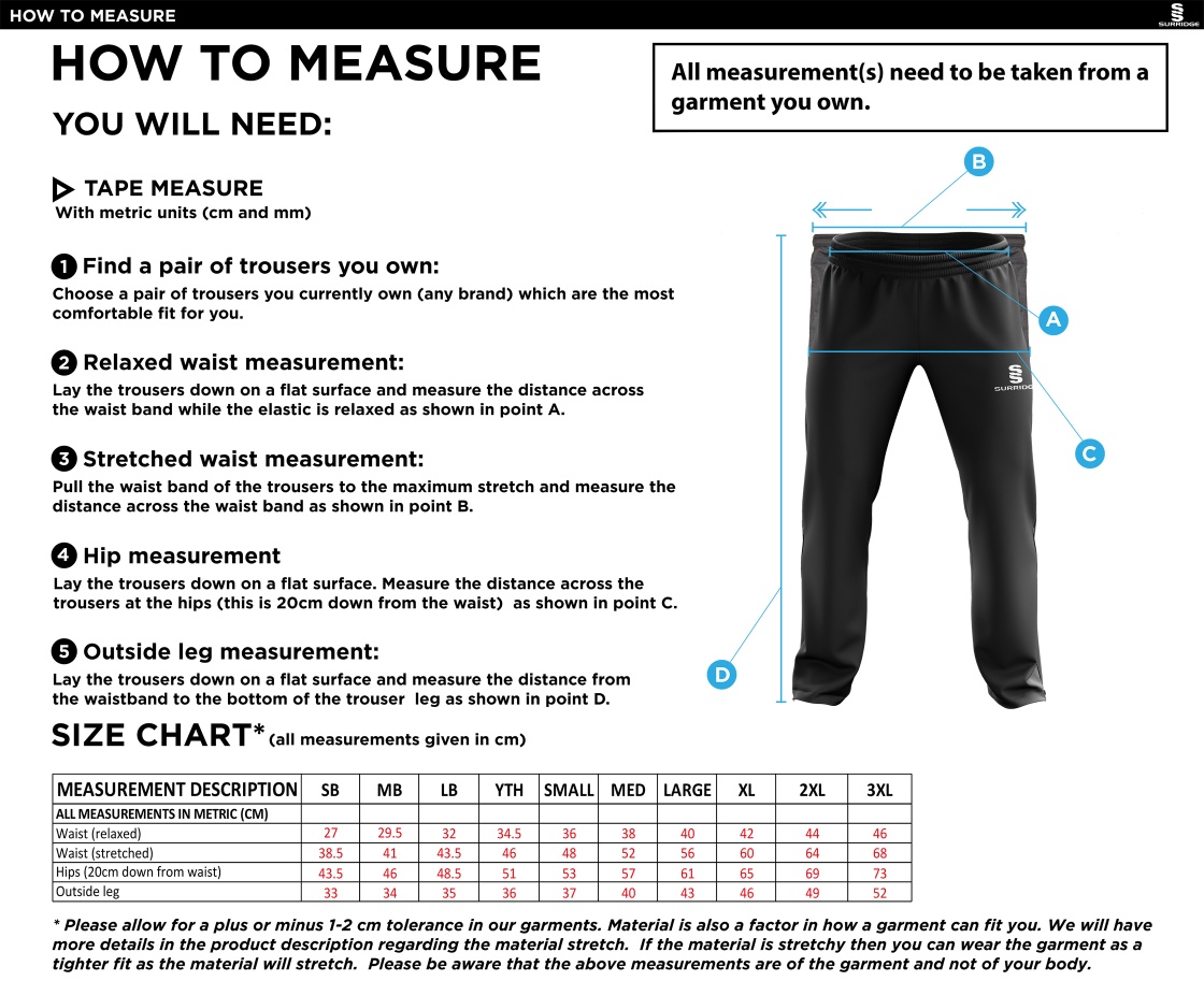Taplow CC - Ripstop Track Pant - Size Guide