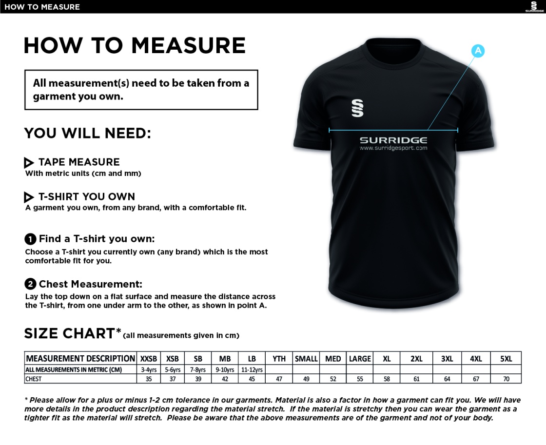 Taplow CC - Fuse Training T-shirt - Size Guide