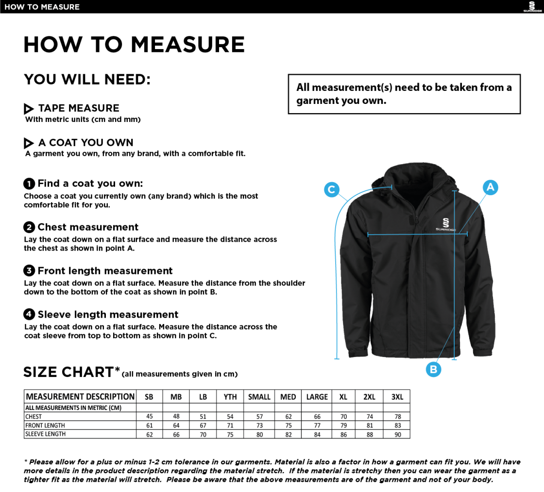 Taplow CC - Fleeced Line Jacket - Size Guide