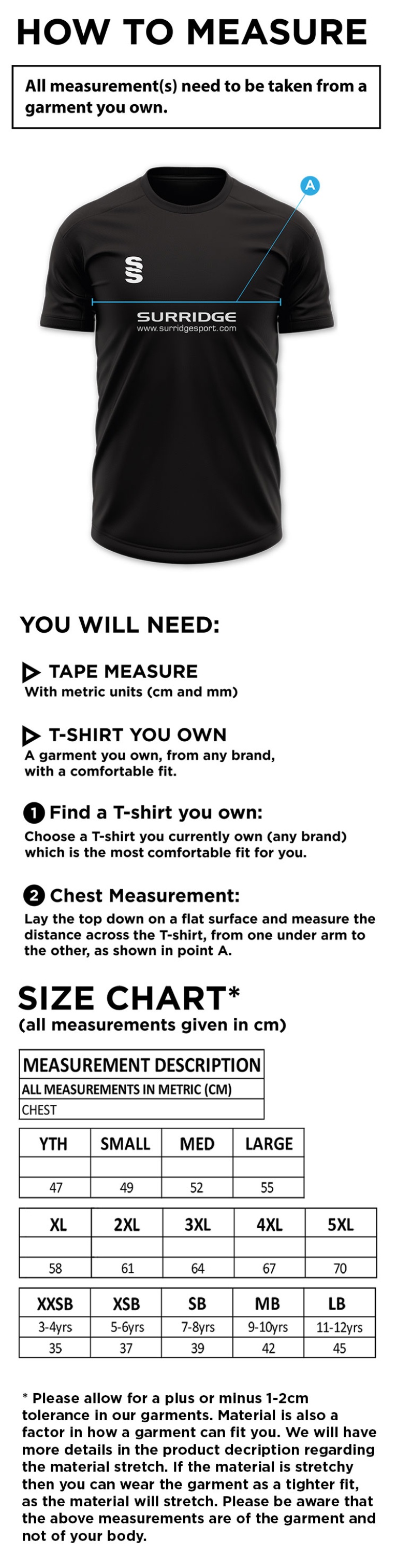 Taplow CC - Fuse Training T-shirt - Size Guide