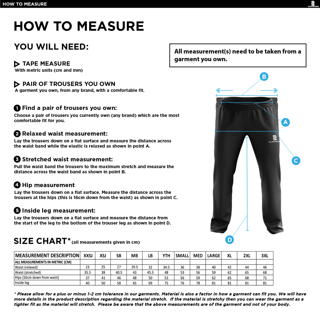 Taplow CC - Poplin Track Pant - Size Guide